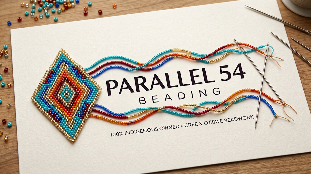 Parallel 53 beading brand card — 100% Indigenous owned, Cree and Ojibwe beadwork